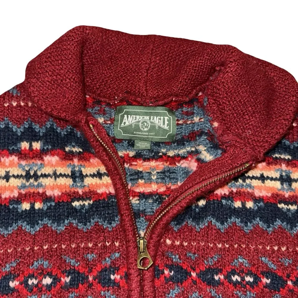 American Eagle‎ Super Soft Red Fair Isle Full Zip Up Cardigan Sweater Size Med